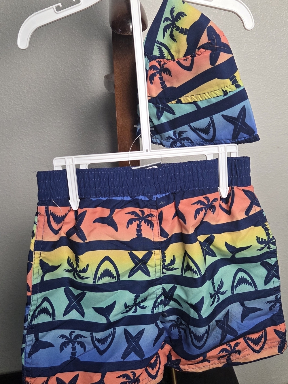 Boys Multicolor Tropical Stripe Swim Shorts - Navy Waistband
